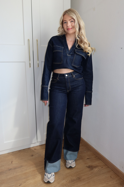 AZURE high waist wide leg jeans met omslag - dark denim