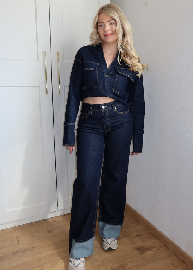 AZURE high waist wide leg jeans met omslag - dark denim