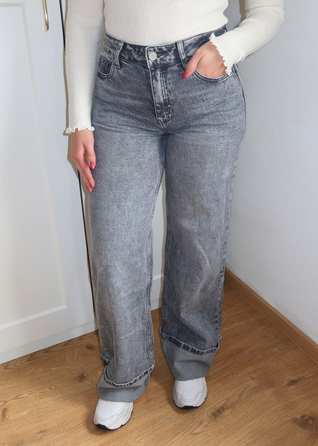 AZURE high waist wide leg jeans met omslag - grijs