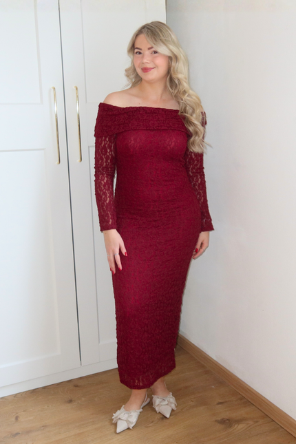 GIGI kanten off shoulder jurk - bordeaux rood