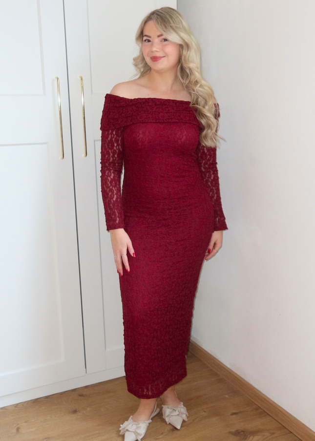 GIGI kanten off shoulder jurk - bordeaux rood