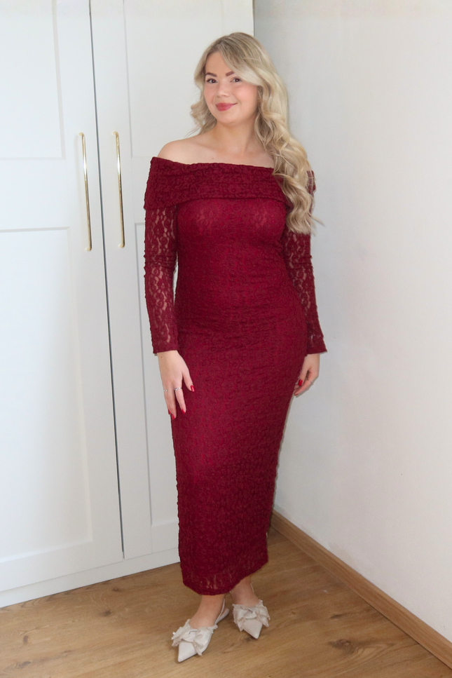 GIGI kanten off shoulder jurk - bordeaux rood