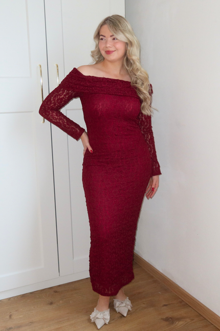 GIGI kanten off shoulder jurk - bordeaux rood
