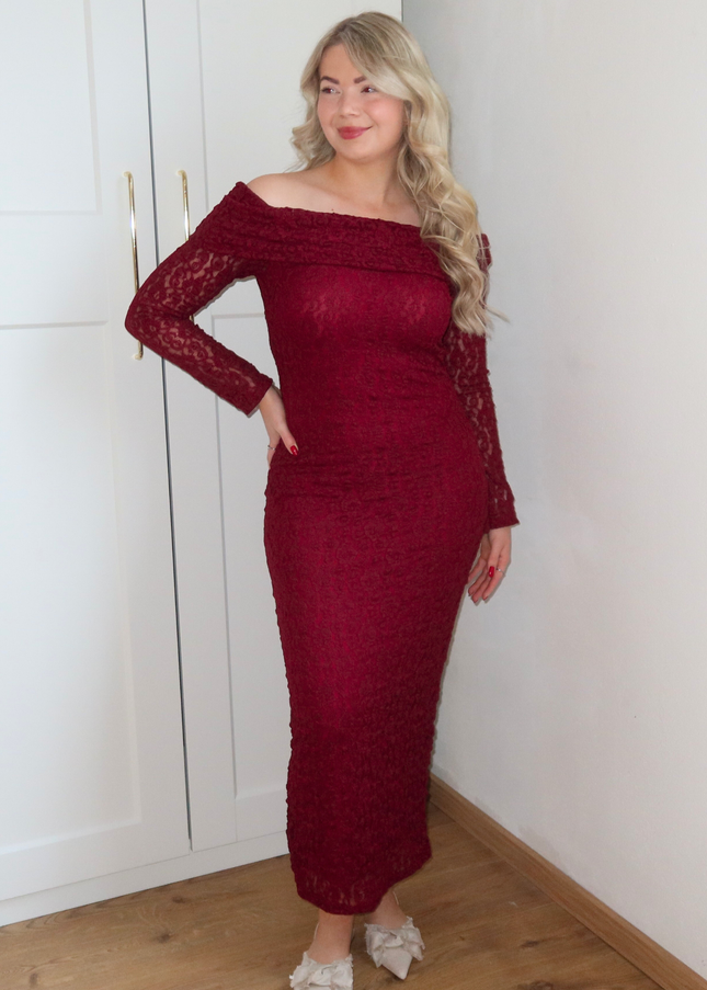 GIGI kanten off shoulder jurk - bordeaux rood