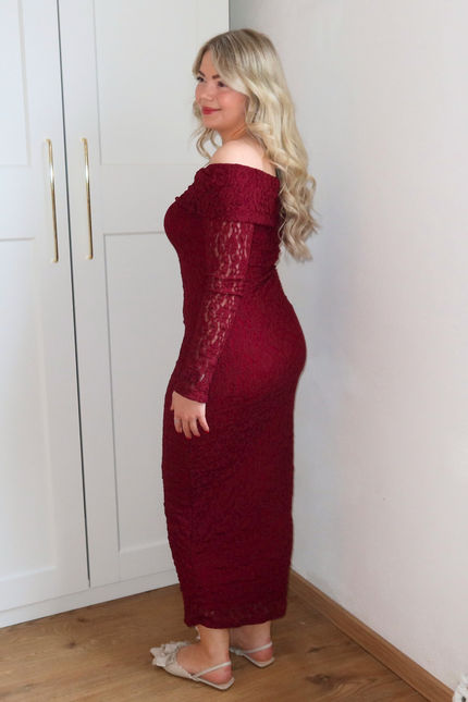 GIGI kanten off shoulder jurk - bordeaux rood