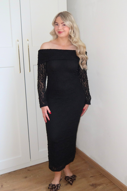 GIGI kanten off shoulder jurk - zwart