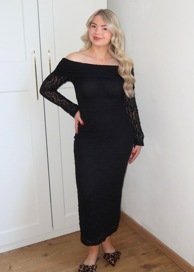 GIGI kanten off shoulder jurk - zwart