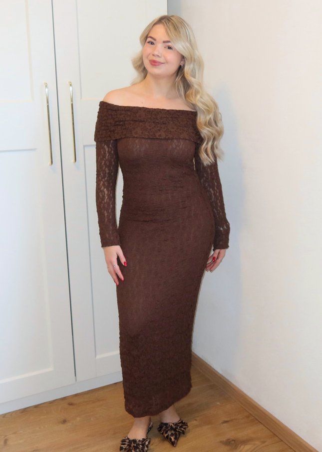 GIGI kanten off shoulder jurk - bruin