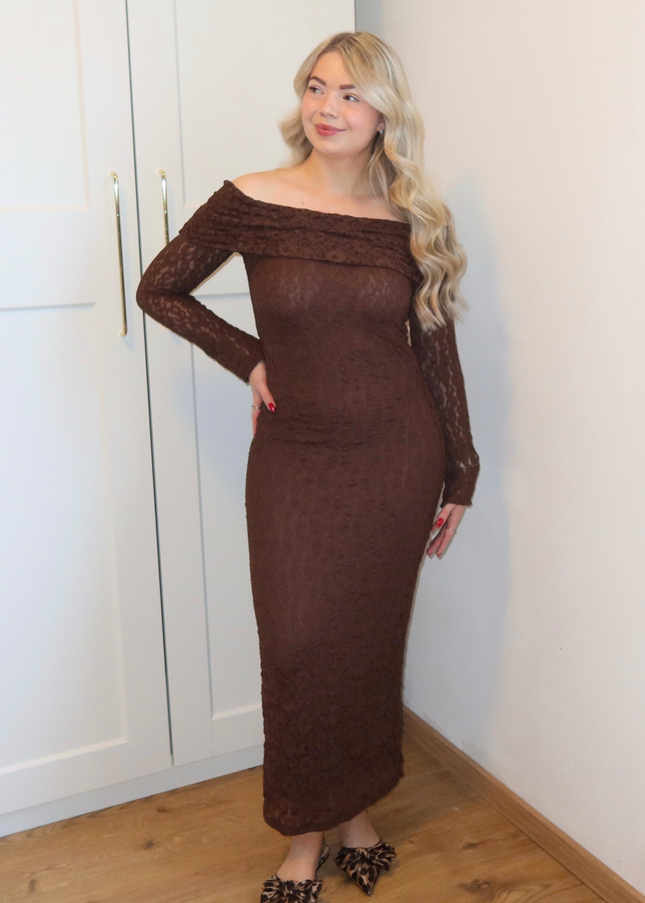 GIGI kanten off shoulder jurk - bruin