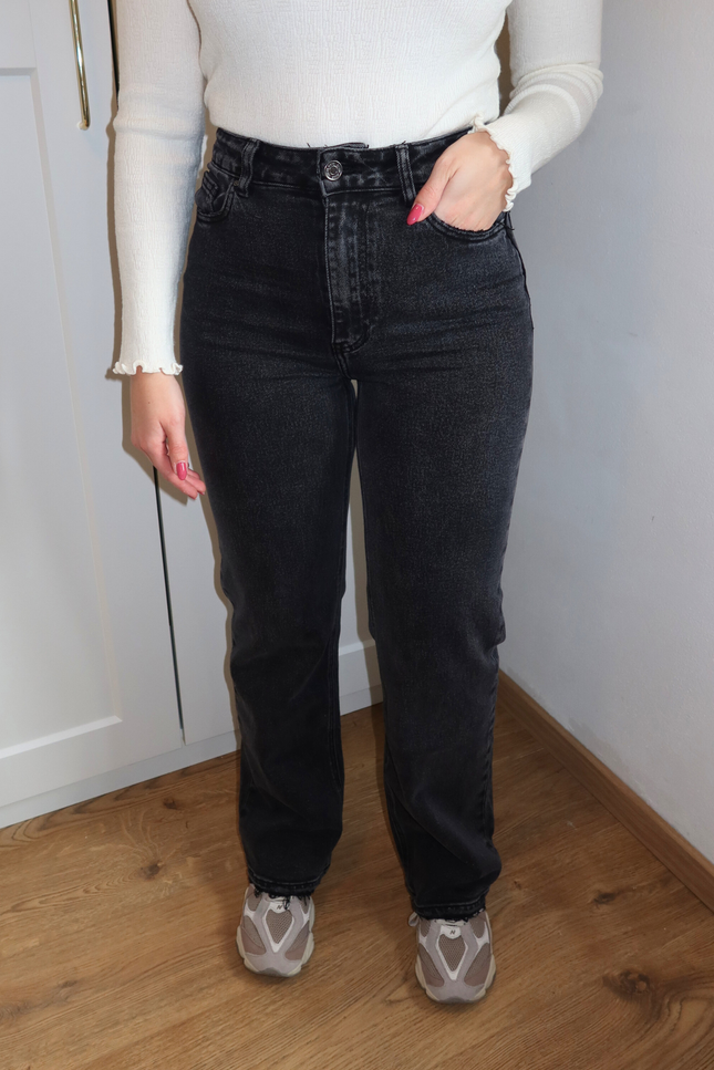 NOVA high waist wide leg jeans met omslag - donkergrijs